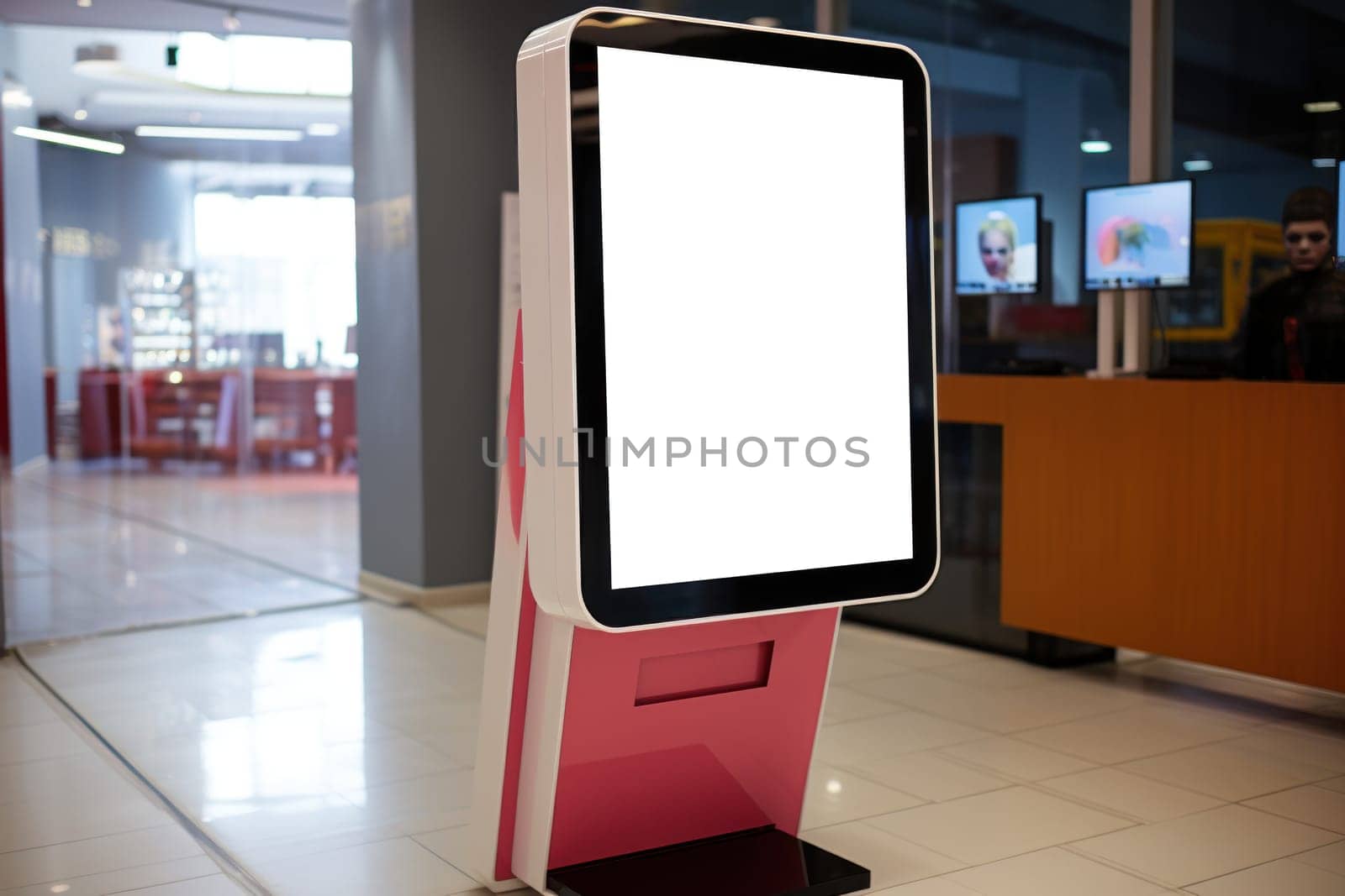 The advertising machine stands at the shopping mall. Generative AI.