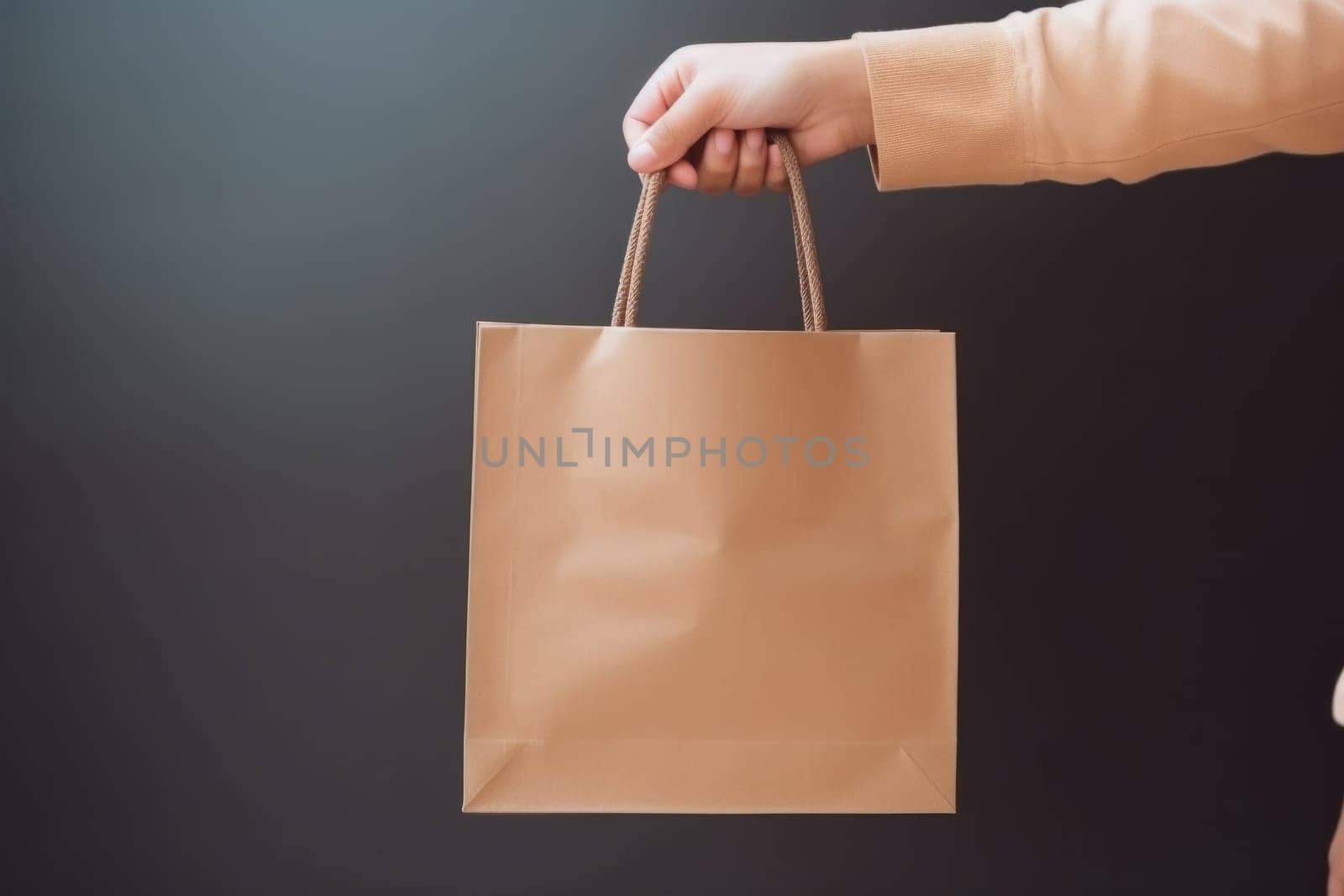 Hand holding shopping paper bag. Generative AI.