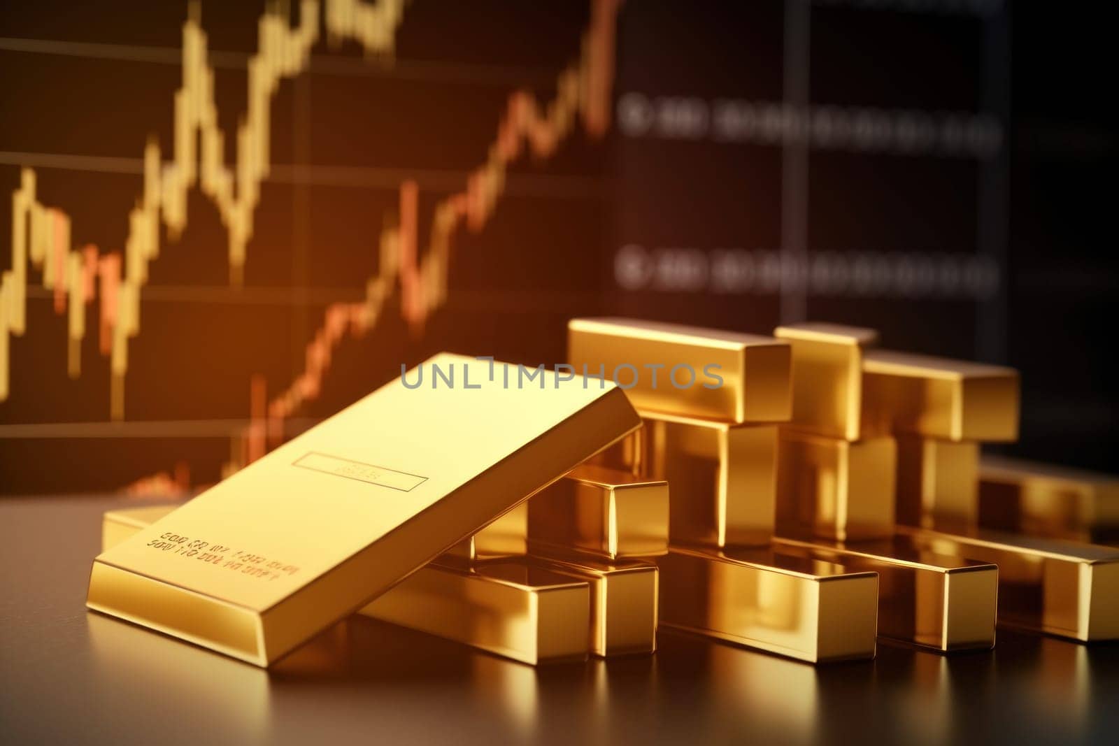 Gold bar and coins dollar with blurred financial chart background. Generative AI.