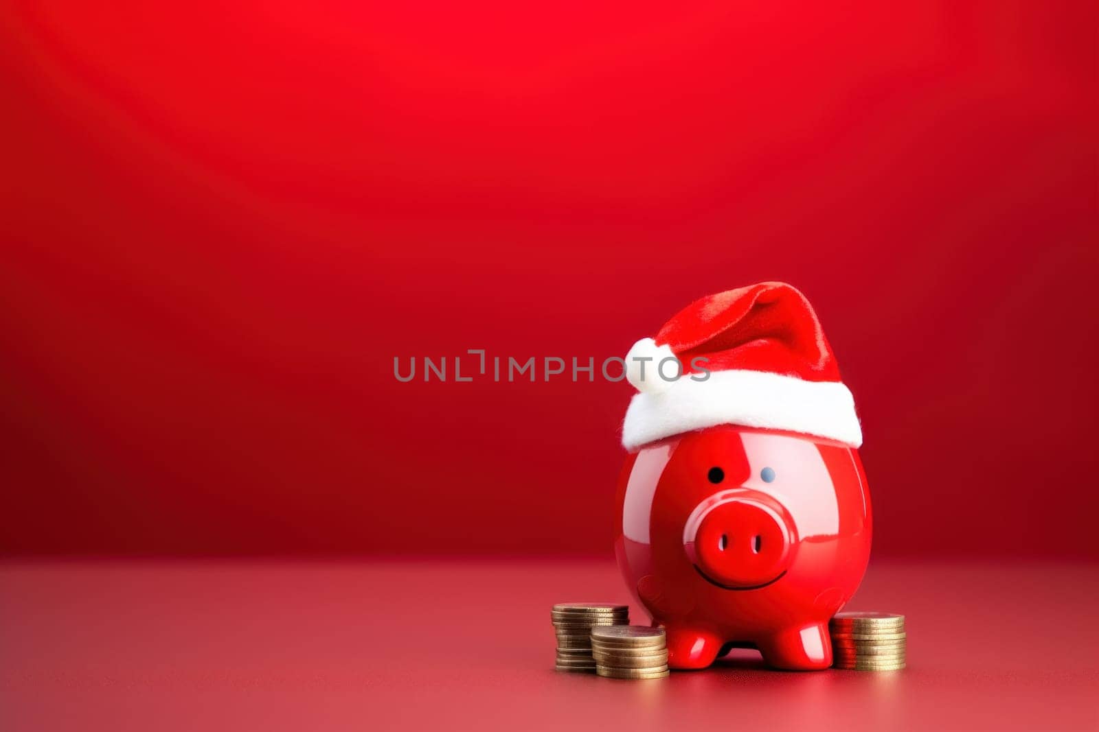 Piggy bank with Santa Claus hat and coins on festive red background. Generative AI.