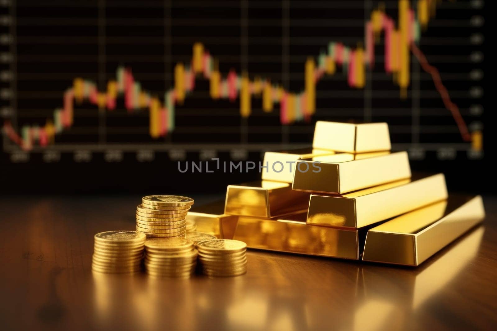 Gold bar and coins dollar with blurred financial chart background. Generative AI.