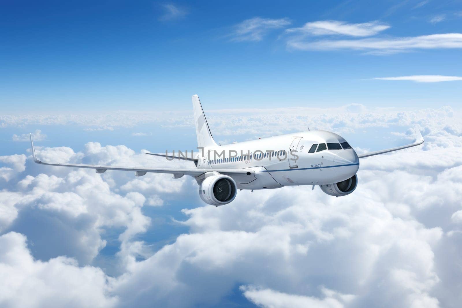 White airplane in the sky, side view. Generative AI.