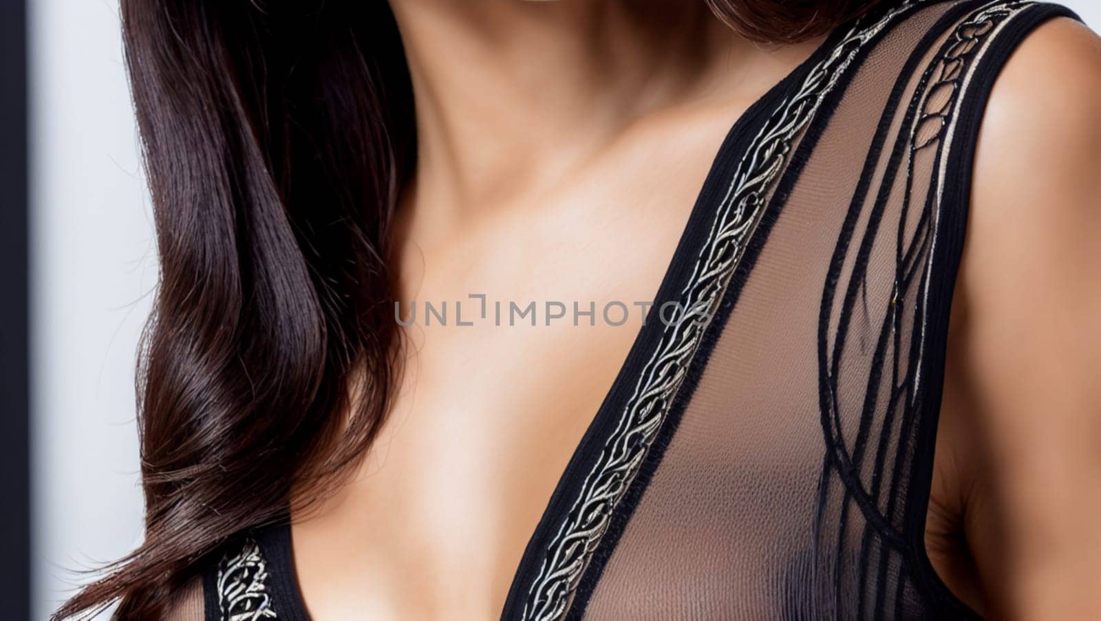 Cleavage of a brunette female model in dark transparent clothing by XabiDonostia