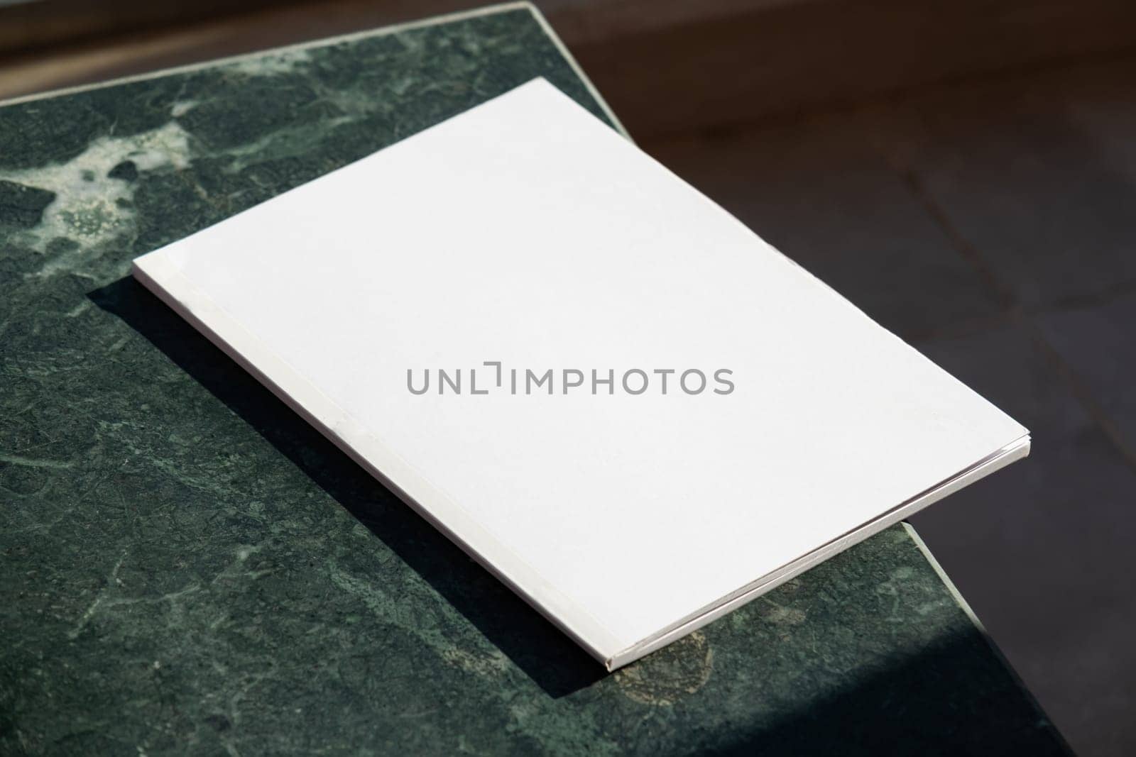 blank magazine mockup on green marble stone coffee table , shadow overlay by Desperada