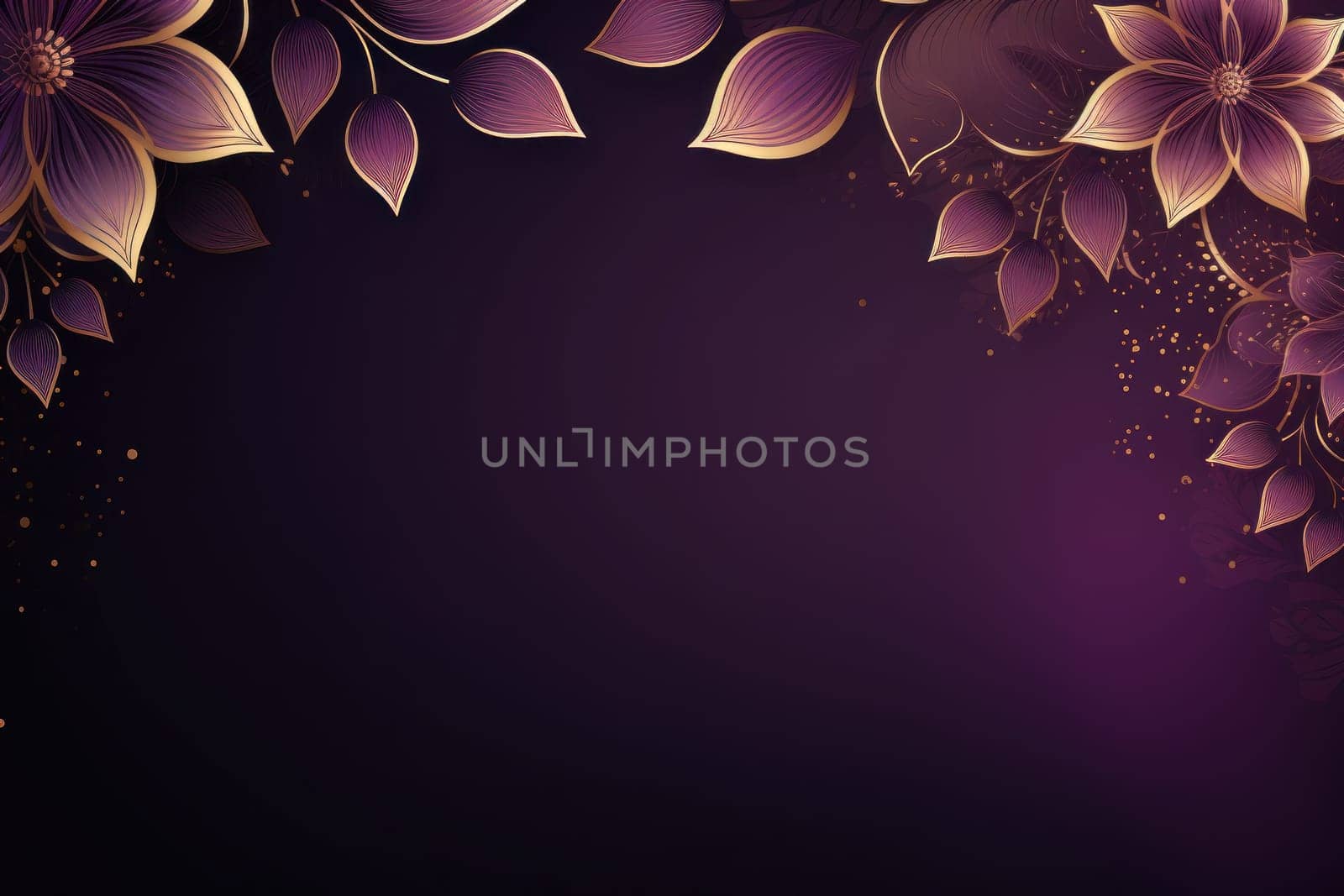 Gradient violet background random symmetric gold lined subtle Indian culture pattern. Generative AI.