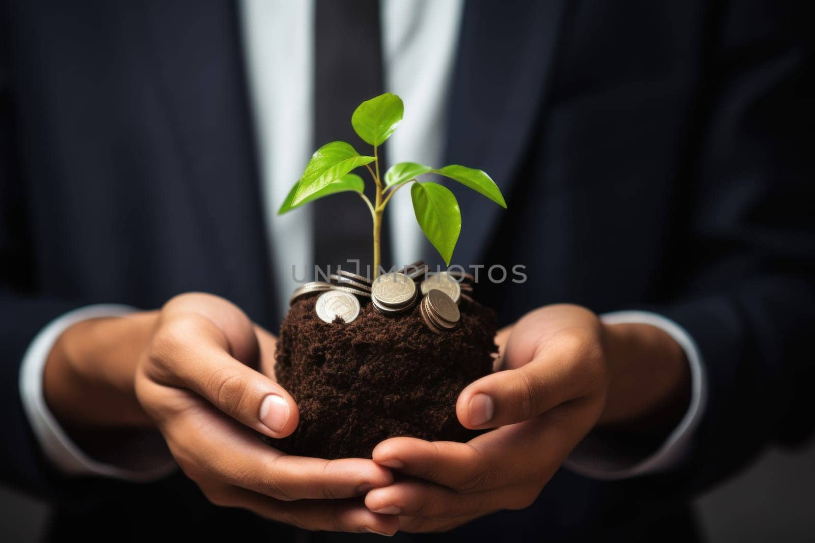 Man holding hip of coins with small green seedling growing from them. Generative AI.