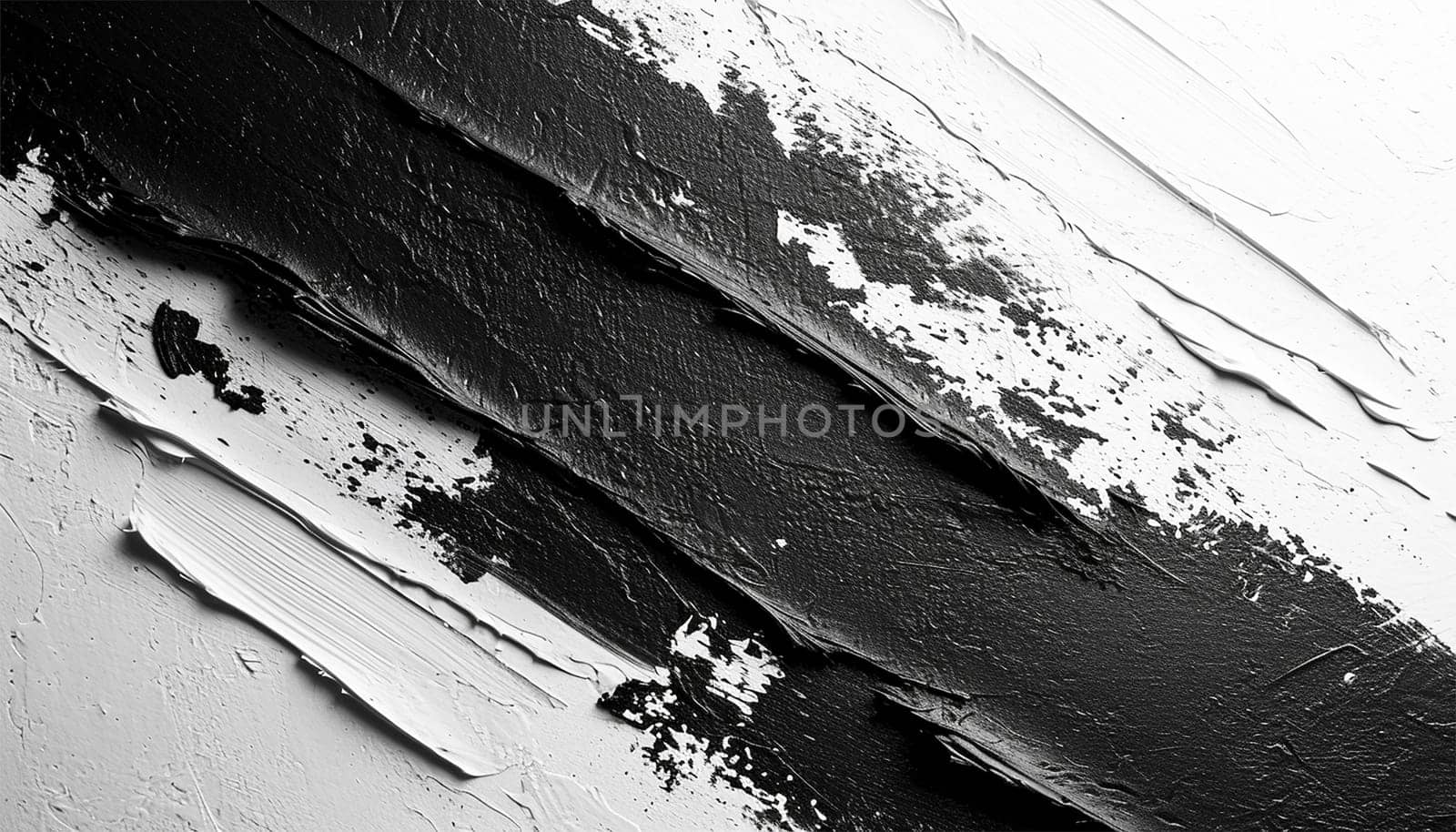 Black and white paint strokes abstract background texture. White oil paint smudge over white background. Black oil paint stroke top view. by Annebel146