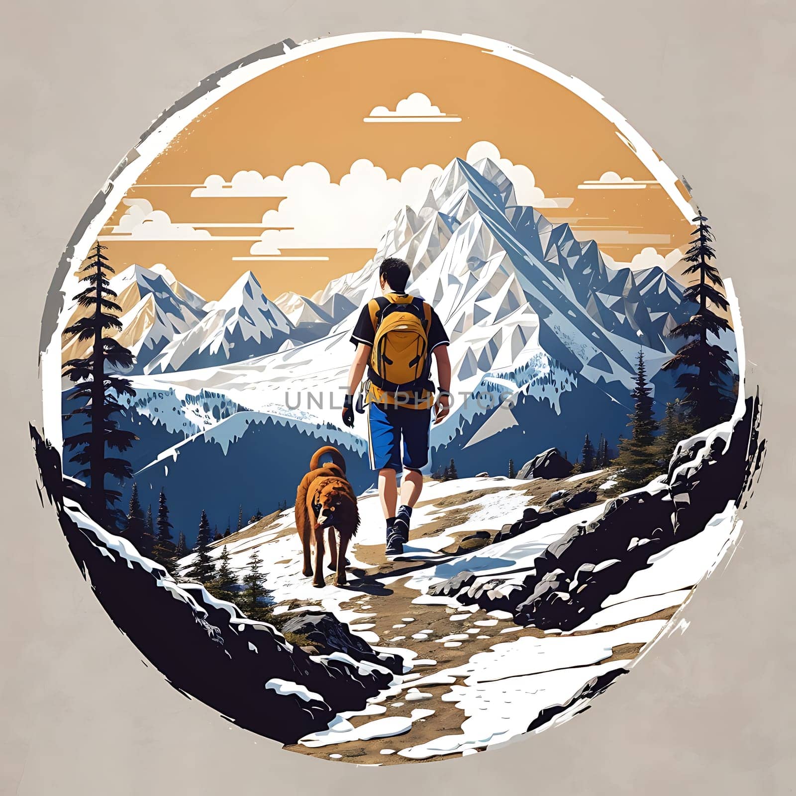 Man With Backpack and Dog on Mountain Trail. Generative AI. by artofphoto