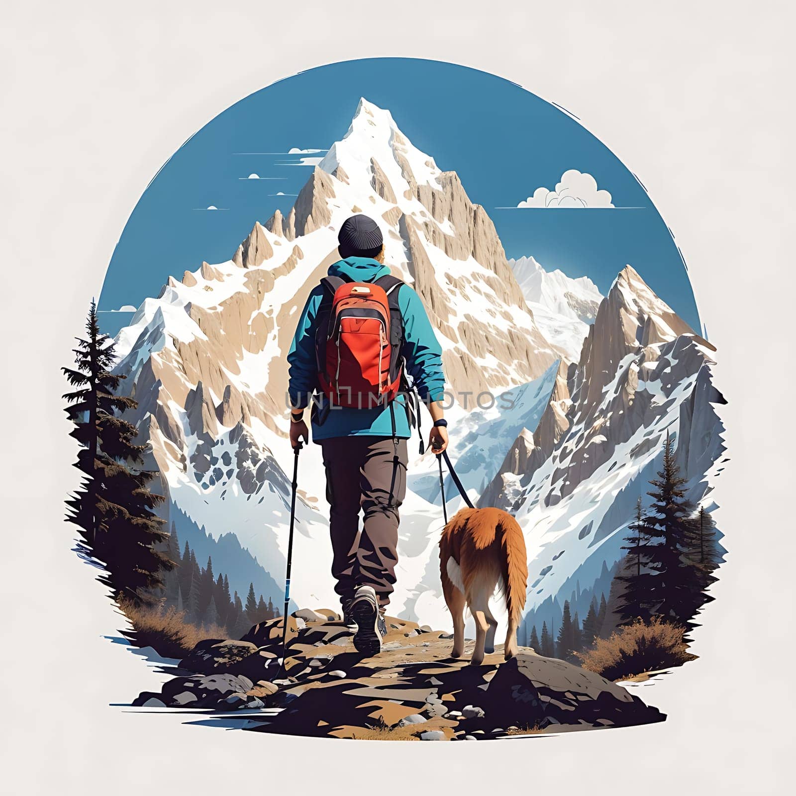 A man and his loyal companion hike up a majestic mountain, conquering challenges and enjoying natures beauty together.