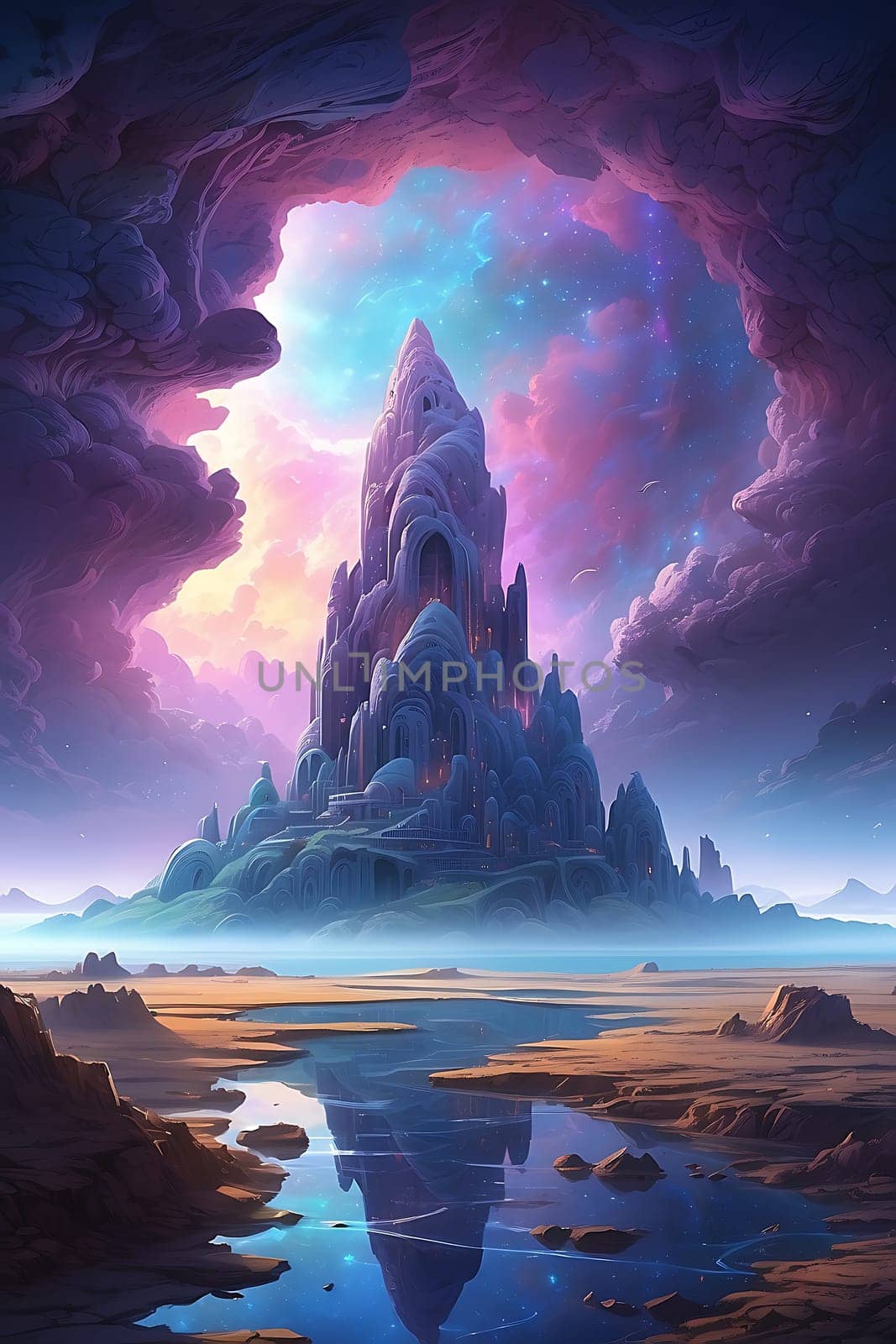 Majestic Castle in the Sky, A Beautiful Painting of a Legendary Fortress High Above the Earth. Generative AI. by artofphoto