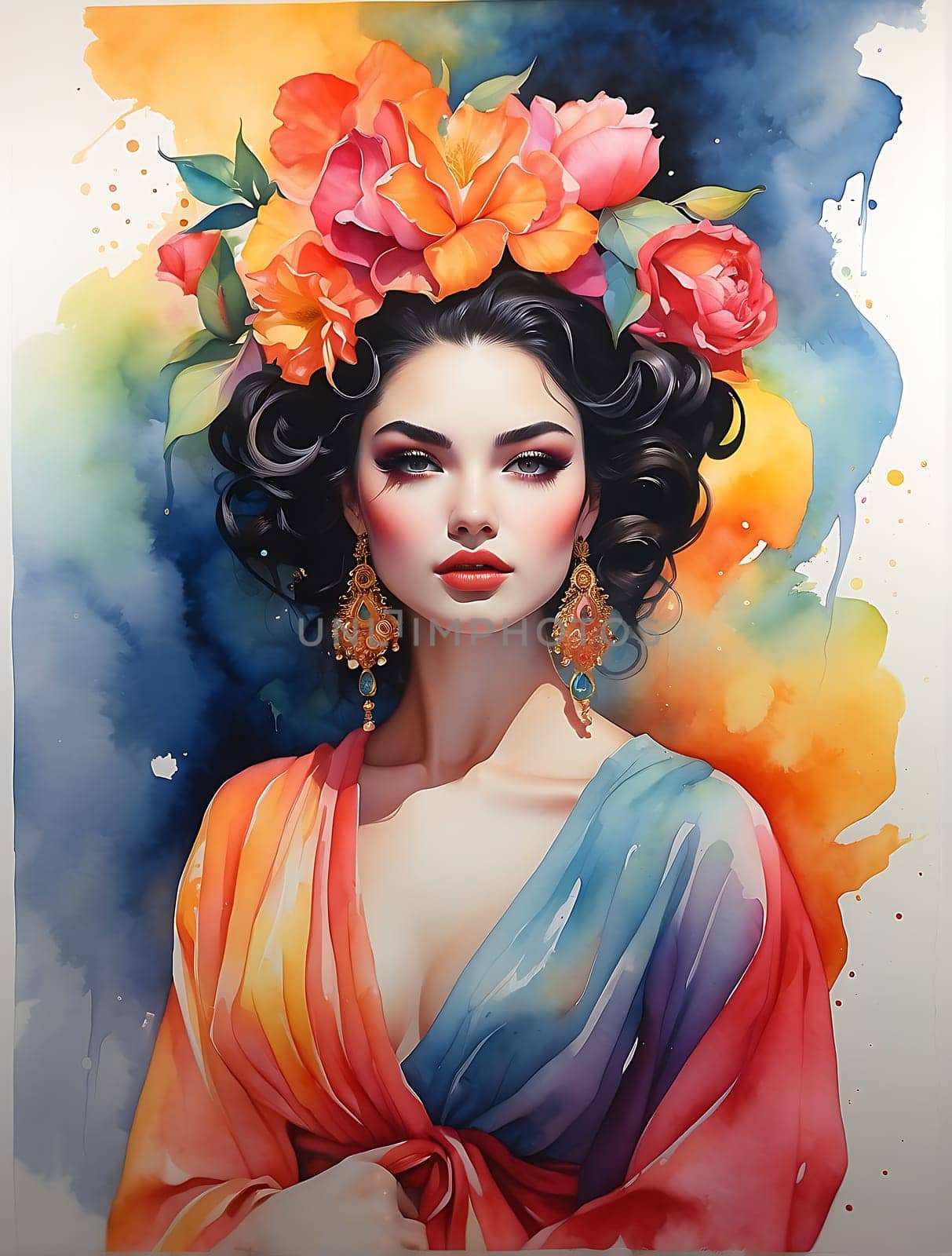 A stunning painting of a woman adorned with flowers in her hair.