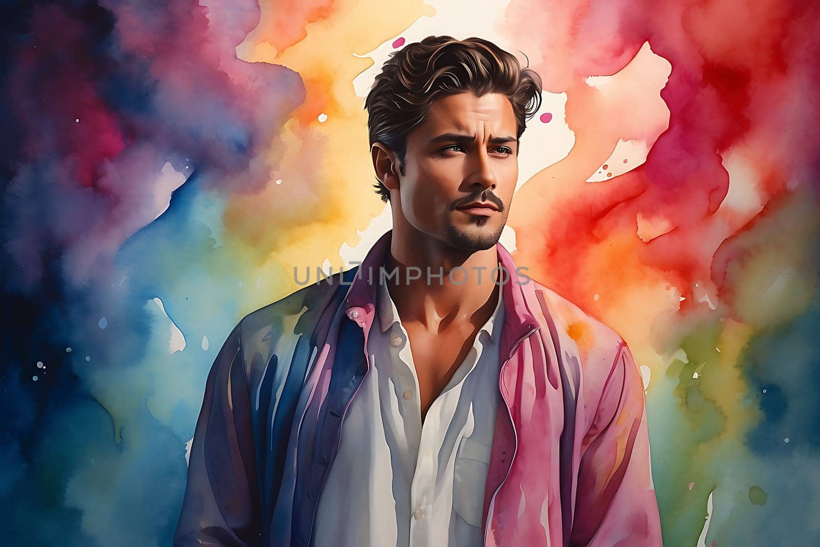 A vibrant painting featuring a man standing against a visually striking, vividly colored backdrop.