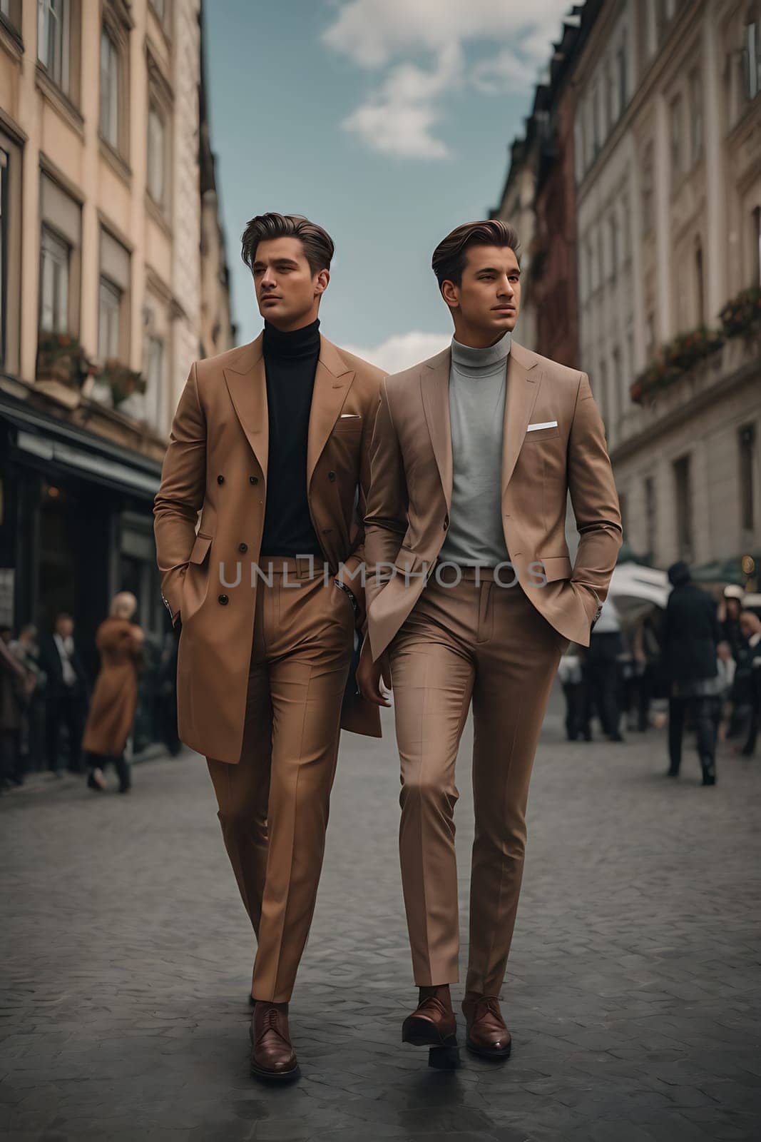 Two businessmen in formal attire walking along a city sidewalk.