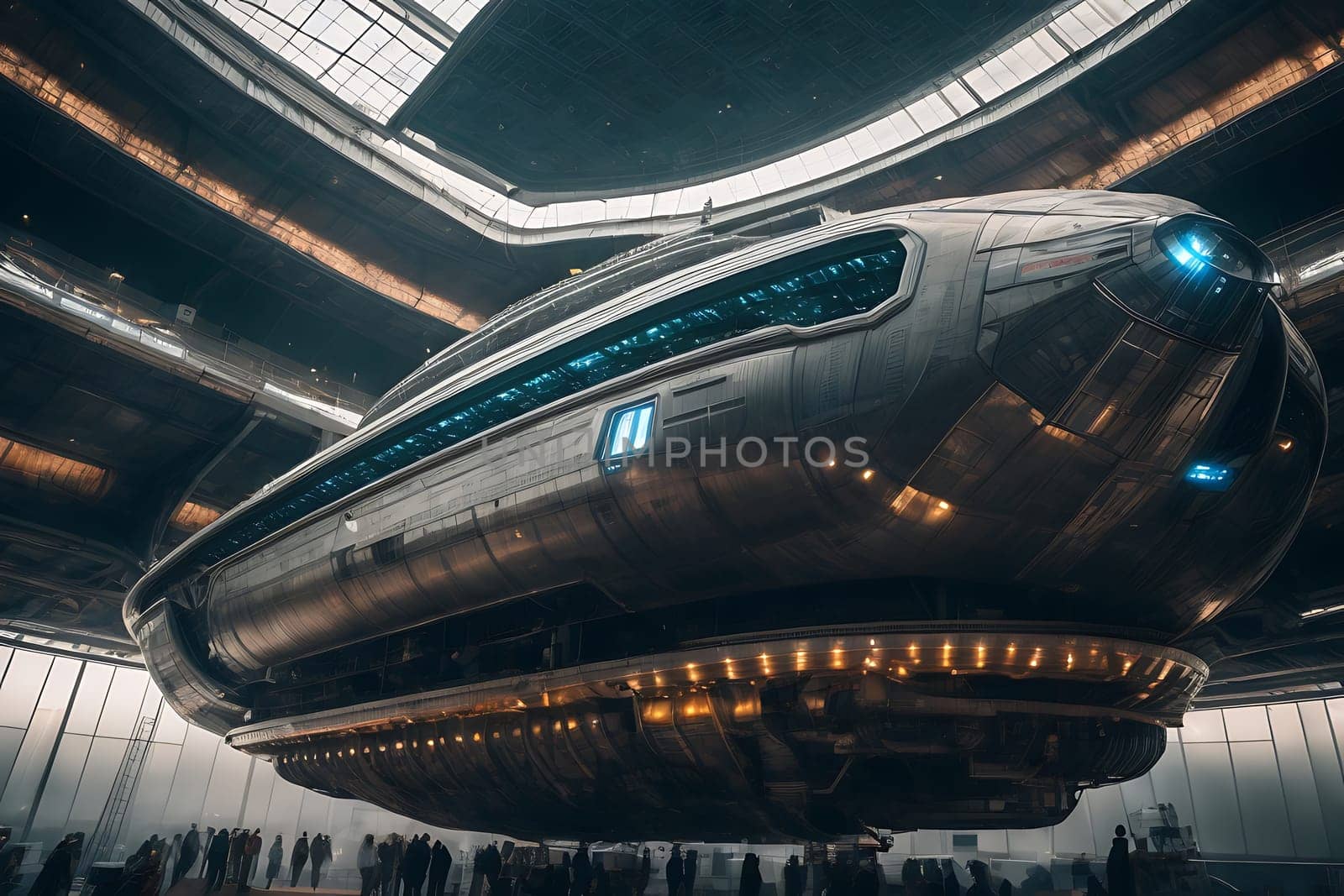 Futuristic Train Inside Enormous Building. Generative AI. by artofphoto