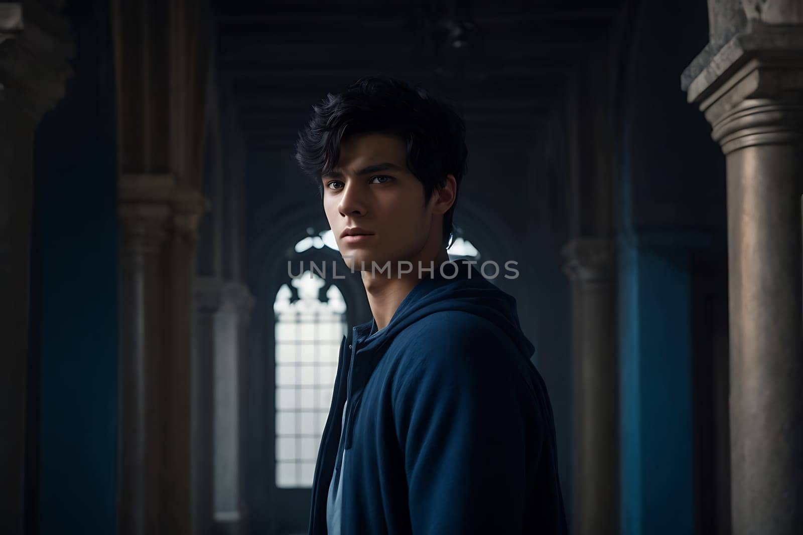 Young Man Standing in Dimly Lit Room With Columns. Generative AI. by artofphoto