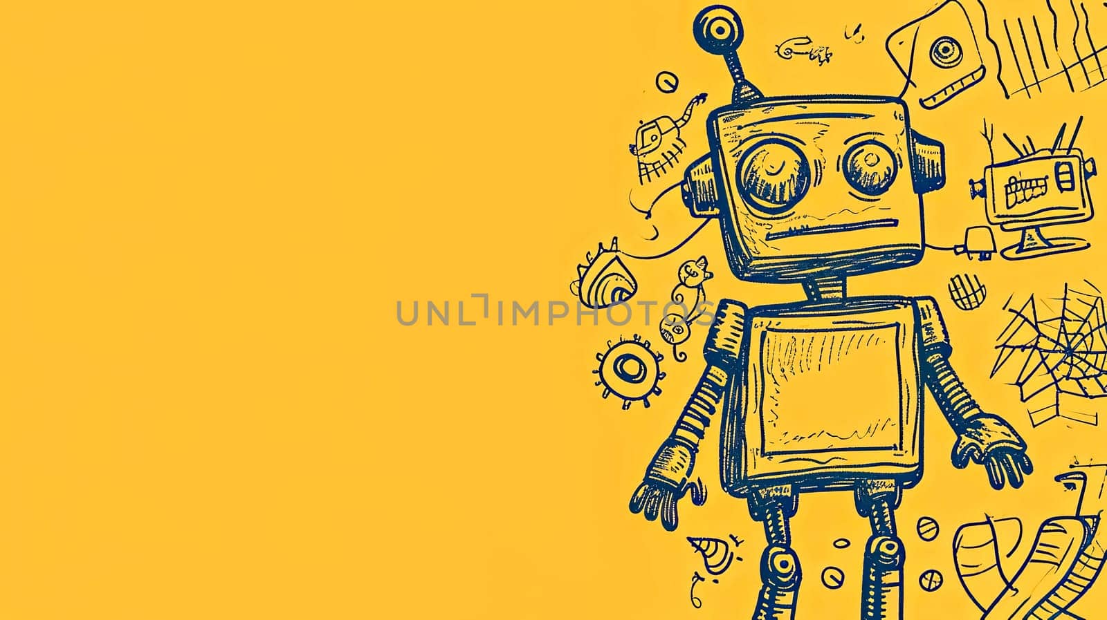 playful sketch of a robot and various whimsical doodles, depicted in a blue line drawing style against a vibrant yellow background, giving off a quirky and inventive vibe, copy space