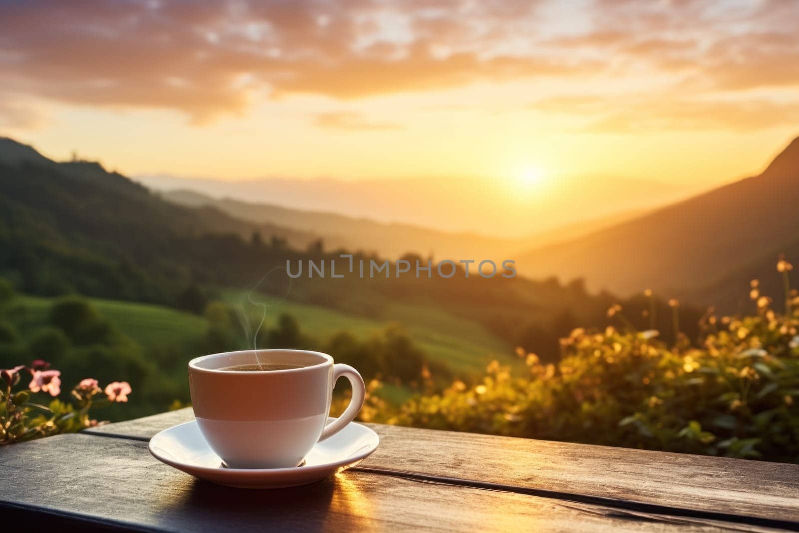 Fresh coffee cup outdoor in front of beautiful nature sunrise. Generative AI.