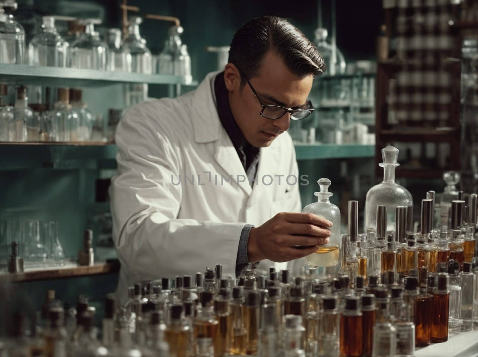 Scientist Examining Bottle in Laboratory. Generative AI. by artofphoto