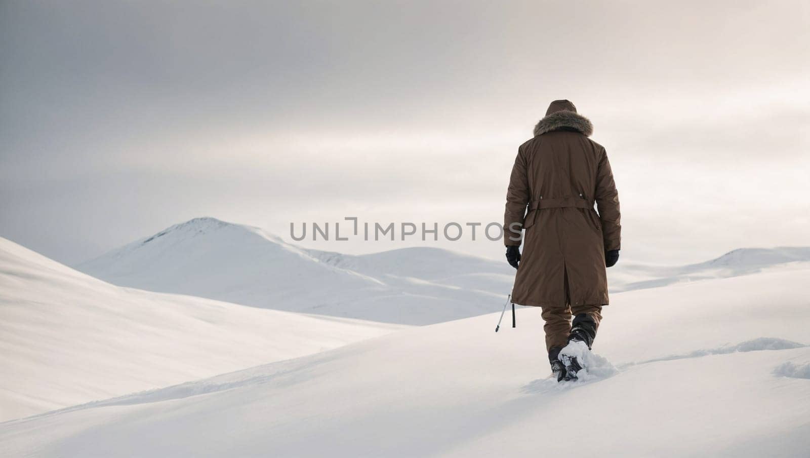 Man Walking in Snow, Wearing Trench Coat, Winter Scene, Outdoor Activity. Generative AI. by artofphoto