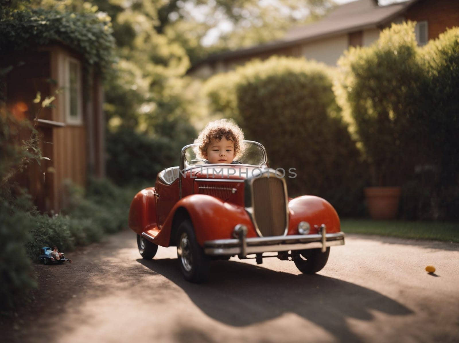 A little boy happily riding in a red car as it glides along a clean driveway.
