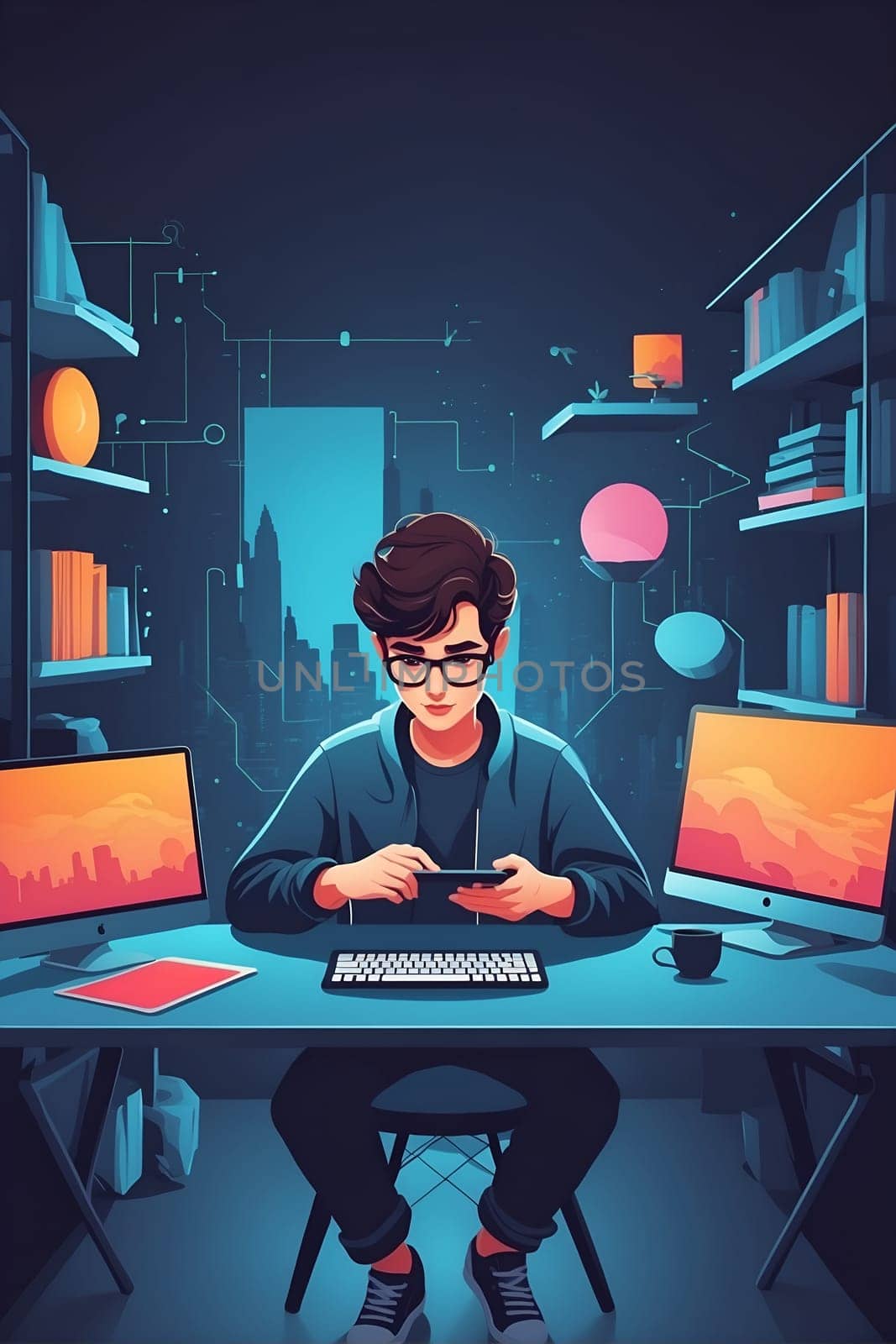 Man Sitting at Desk With Two Computer Monitors. Generative AI. by artofphoto