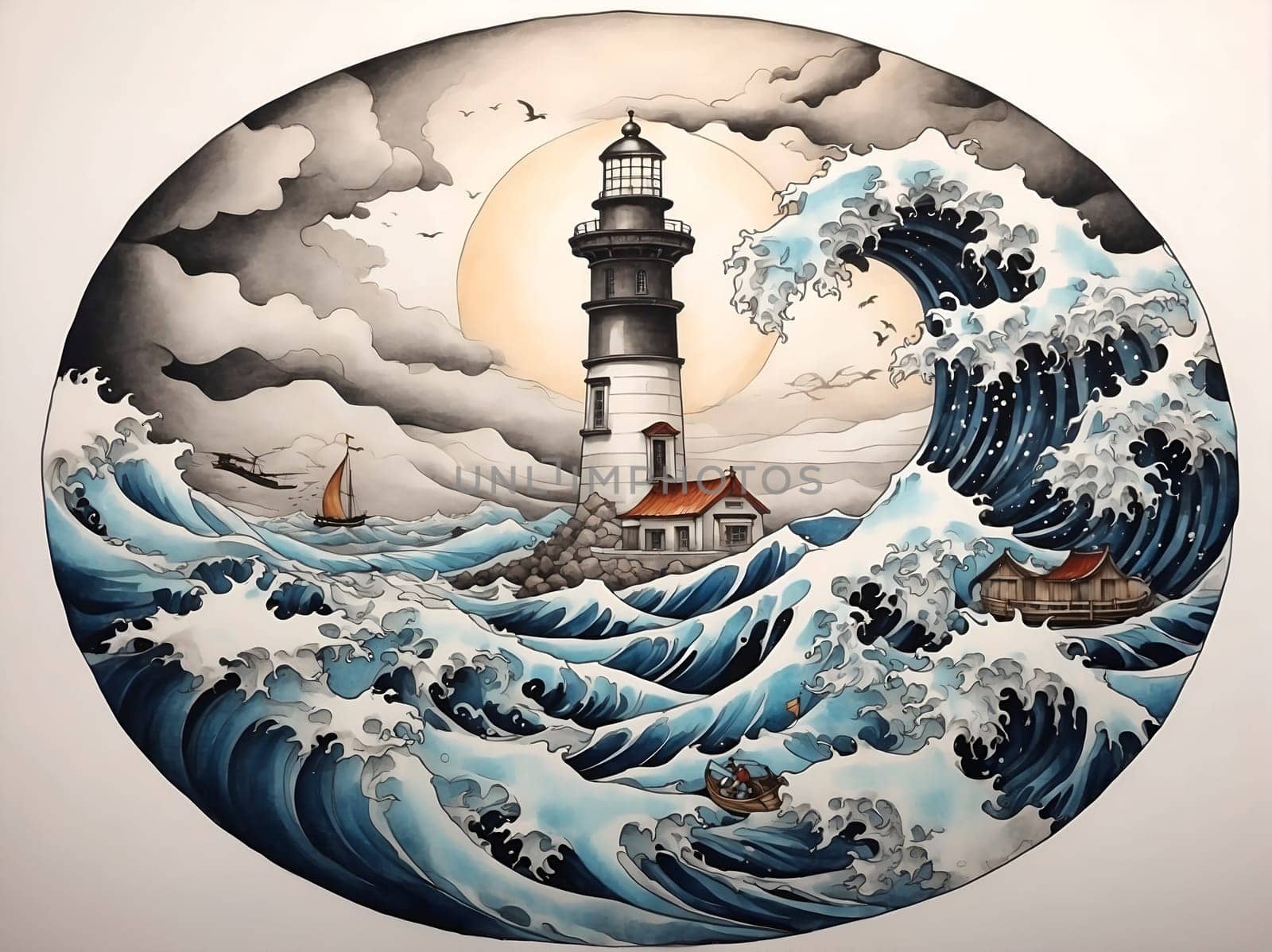 A captivating painting showcasing a lighthouse standing tall on a colossal wave, capturing the powerful allure of the ocean.