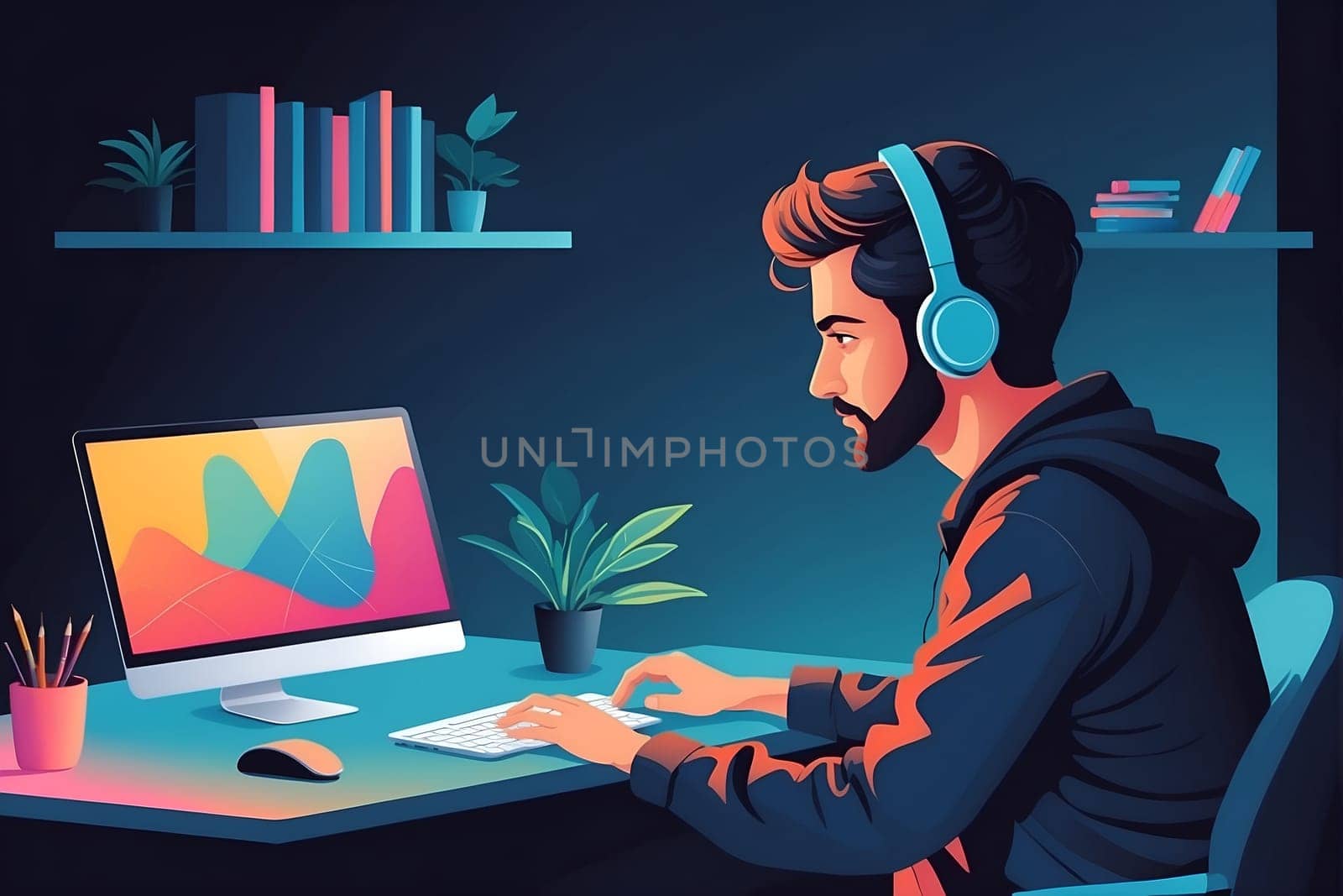 Man With Headphones Working on Computer in Office. Generative AI. by artofphoto