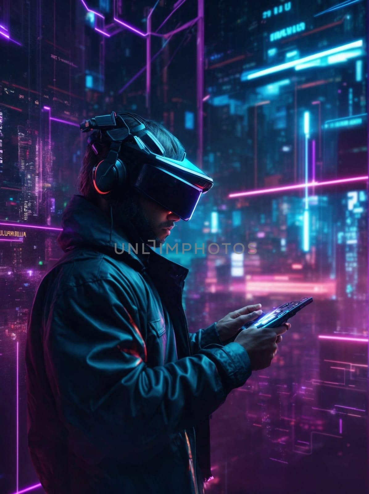 Man Wearing Virtual Reality Headset Using Tablet in Immersive Experience. Generative AI. by artofphoto