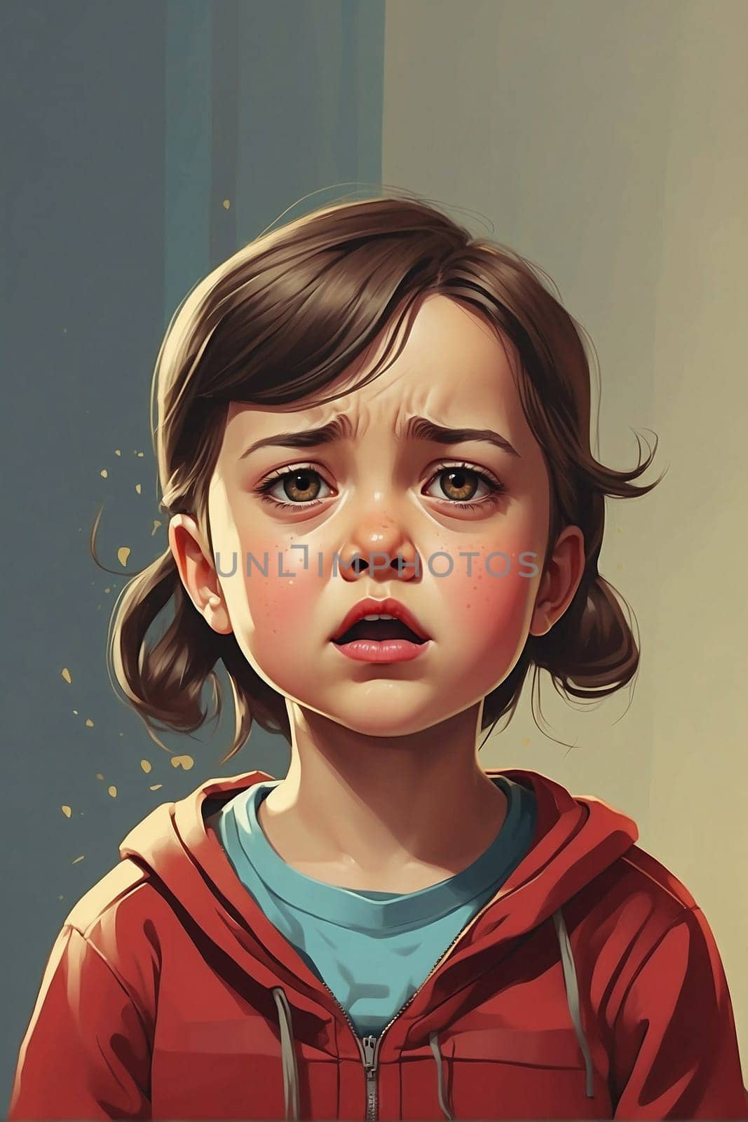 A lively and captivating painting depicting a young girl wearing a red hoodie, showcasing her joyful and carefree spirit.