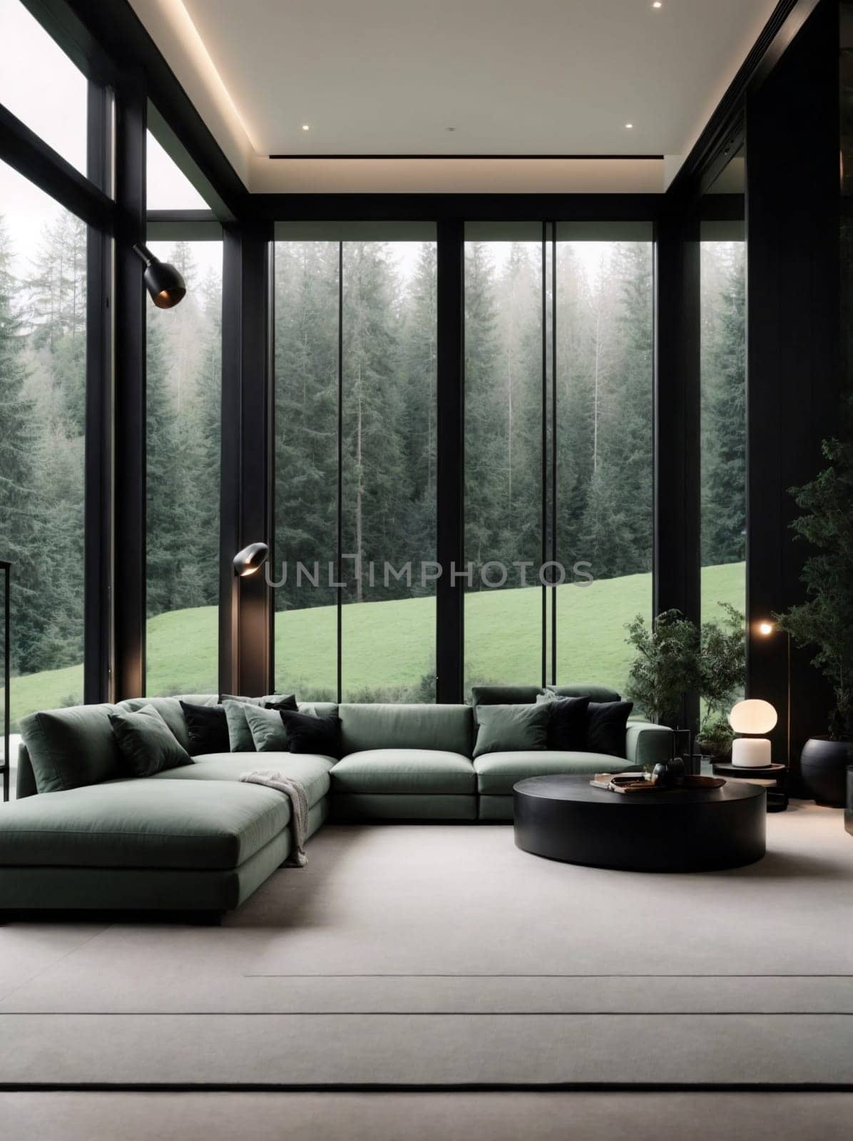 A beautifully designed living room featuring a comfortable large couch and expansive windows.