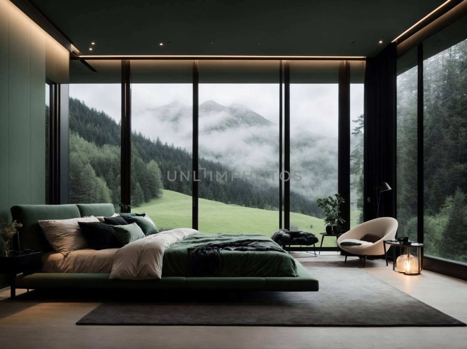 Bedroom With Large Bed and Mountain View, Comfort and Beauty Combined. Generative AI. by artofphoto