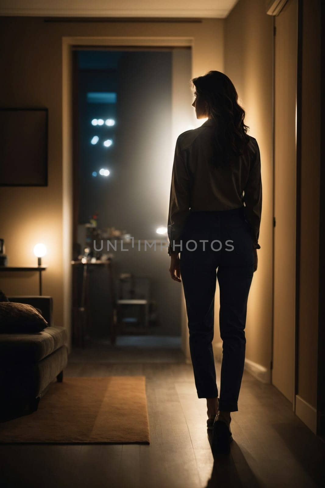 Woman Walking Down Hallway in House. Generative AI. by artofphoto