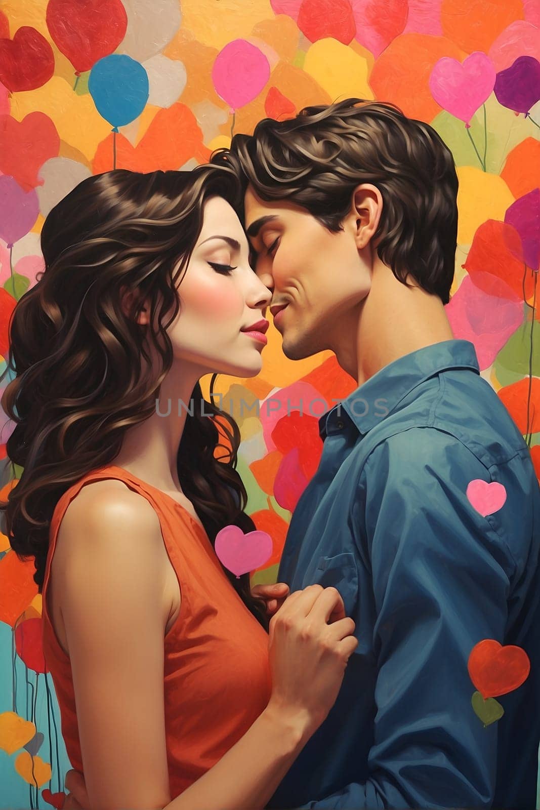 Romantic Painting of a Man and Woman Sharing a Kiss. Generative AI. by artofphoto