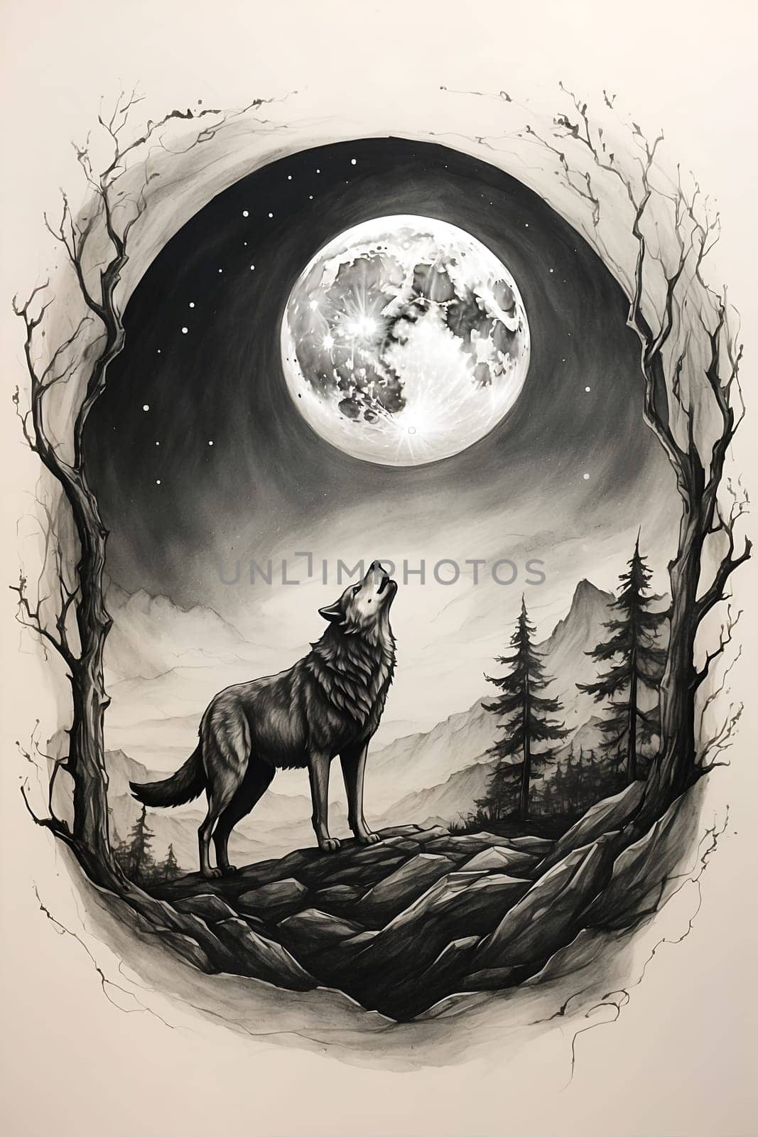 Majestic Wolf Stands Before Full Moon in Striking Drawing. Generative AI. by artofphoto