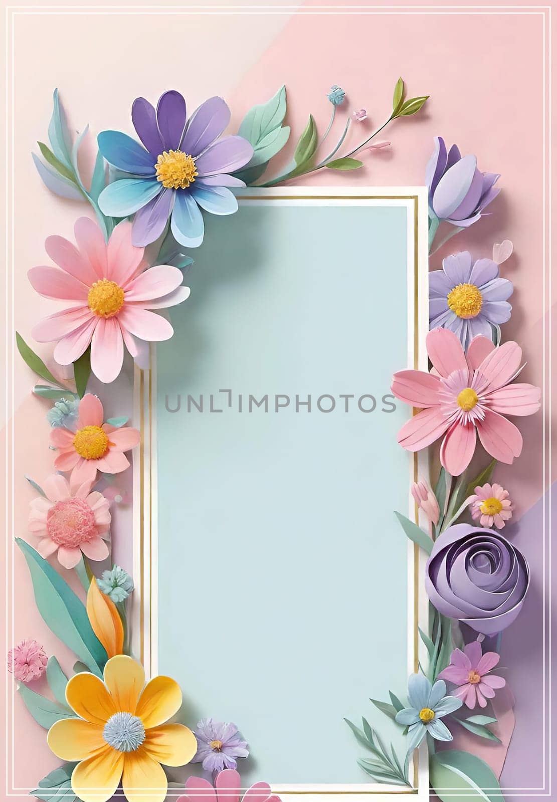 Cherry blossom frame on pastel background with space for text. Sakura.Paper art of Cherry blossom with frame on pastel background.Paper cut style.Spring background with sakura flowers and leaves. Vector paper illustration.3d rendering.Spring flowers frame with copy space for your text. Pastel colors.Minimal style.İnvitation and celebrations.