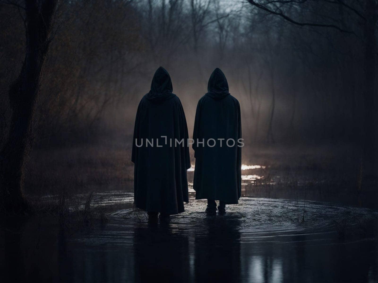 Two individuals standing outdoors in the rain during the nighttime.