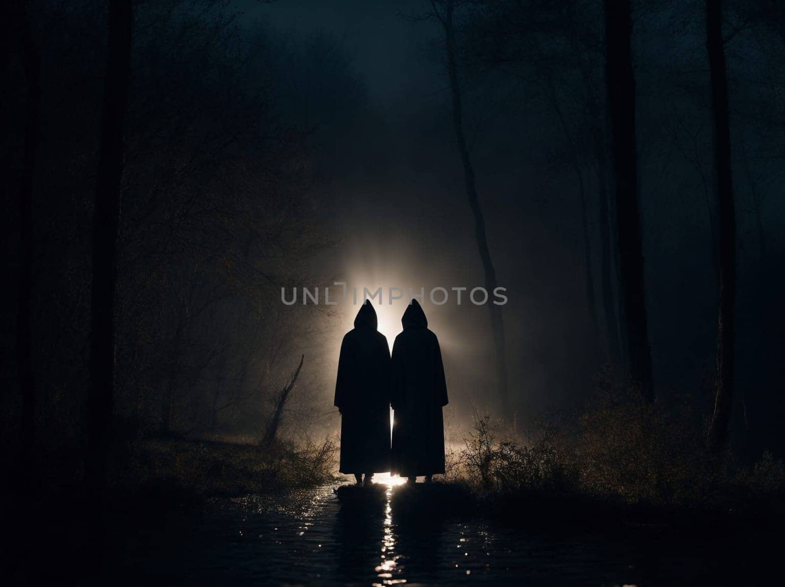 Two People Standing in Dark Forest at Night. Generative AI. by artofphoto
