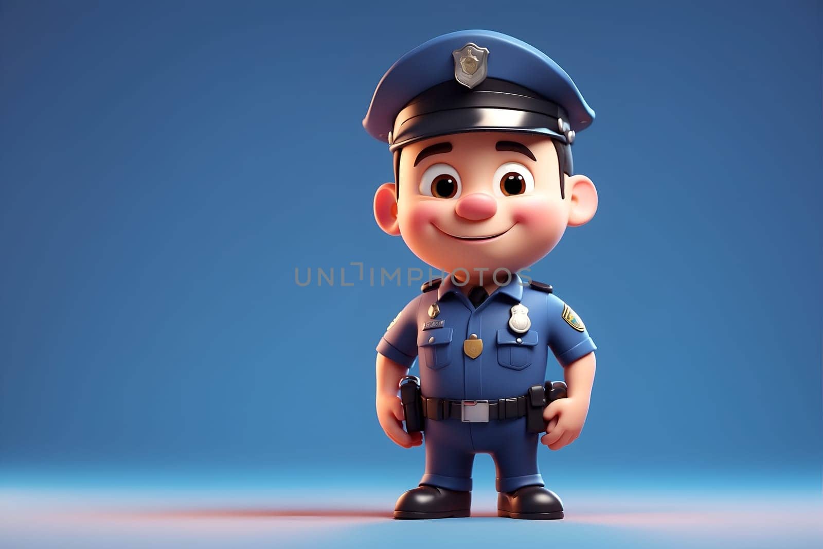 A cartoon police officer standing confidently in front of a vivid blue background.