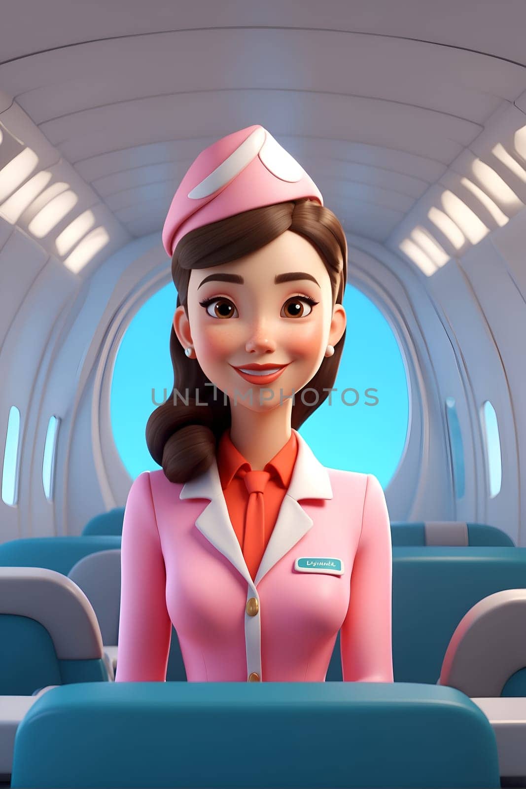 A woman in a pink uniform stands inside an airplane, ready for her duties.