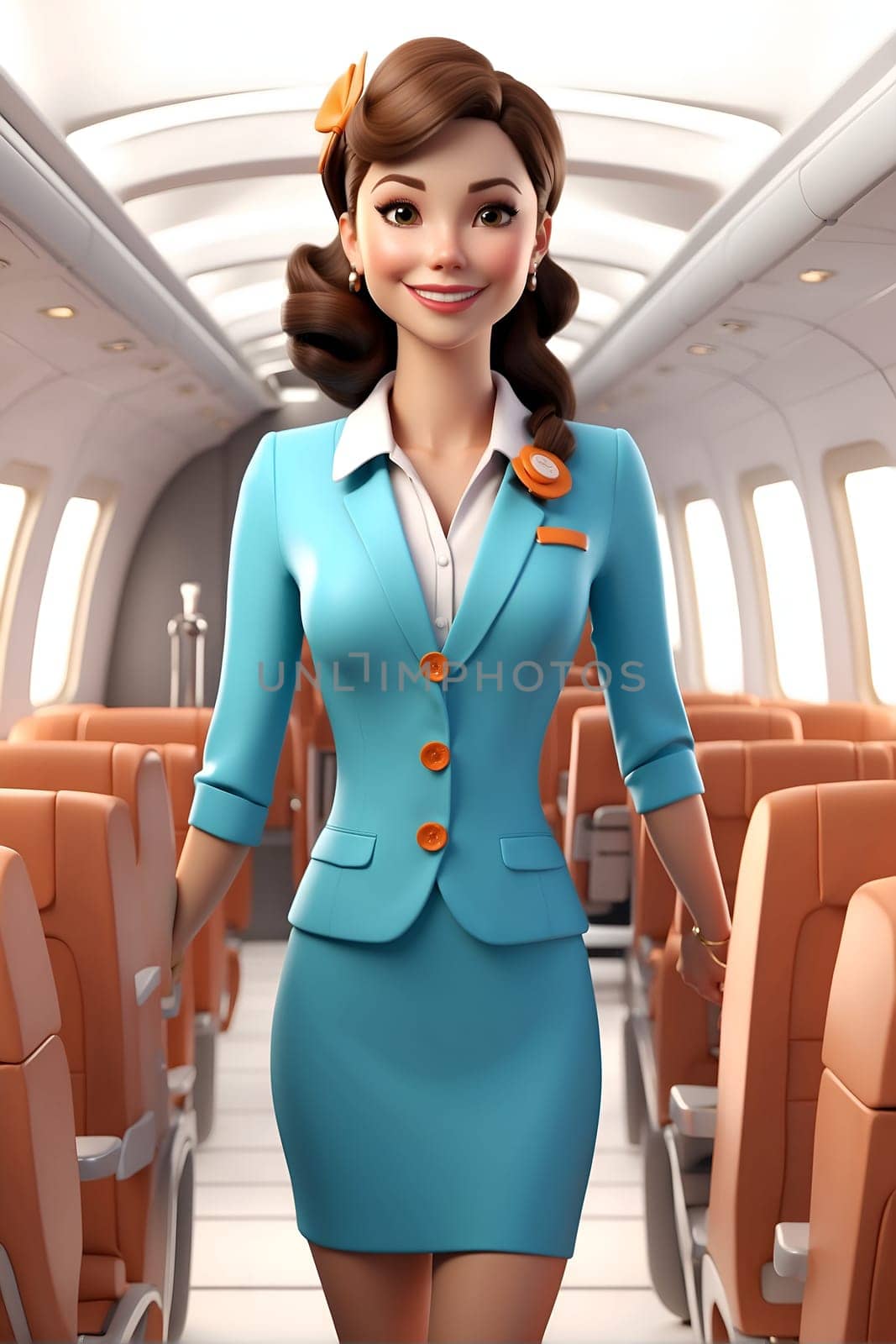 A woman looks stylish in her blue dress and jacket as she travels on an airplane.