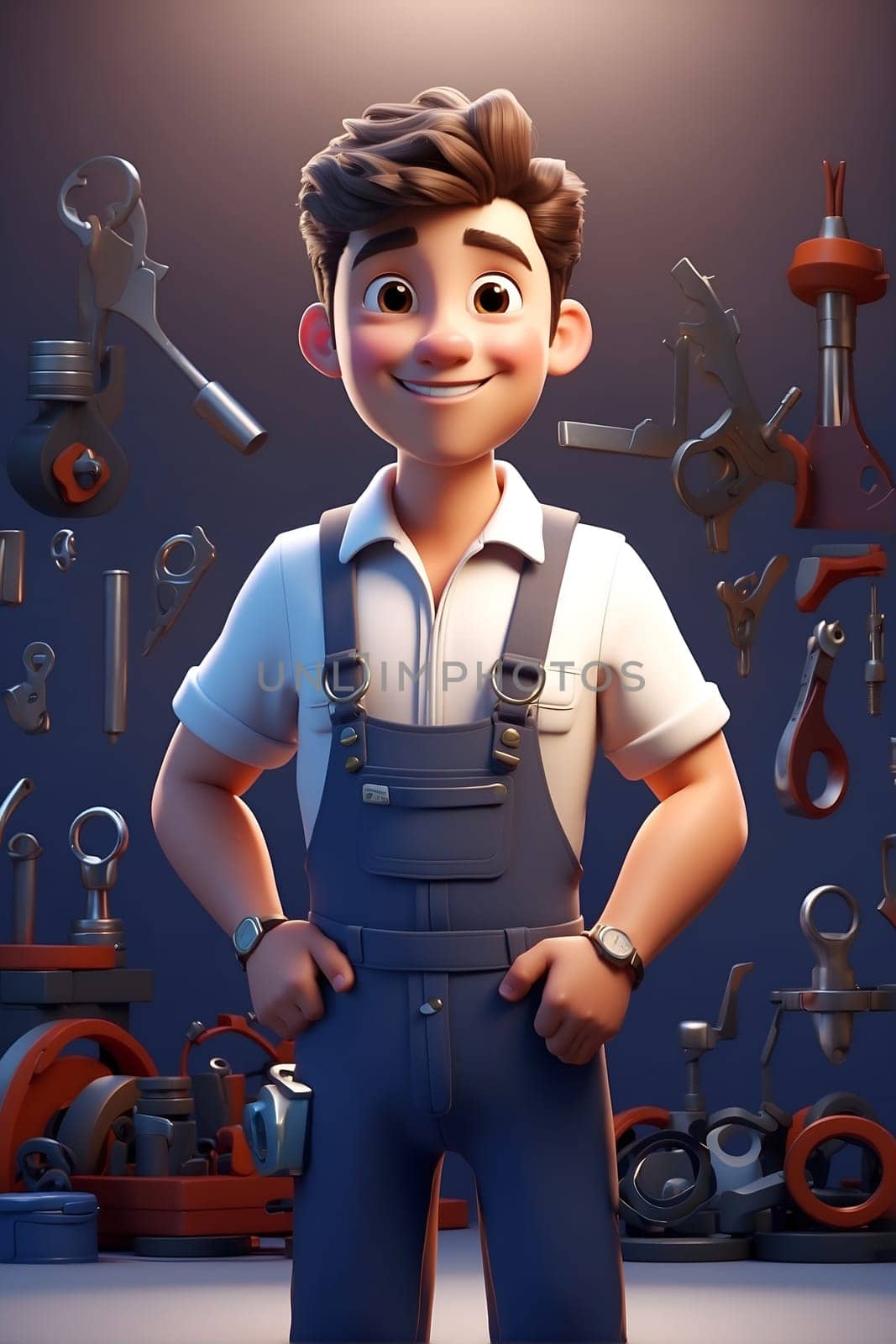A man stands in front of a diverse collection of tools, ready for work.