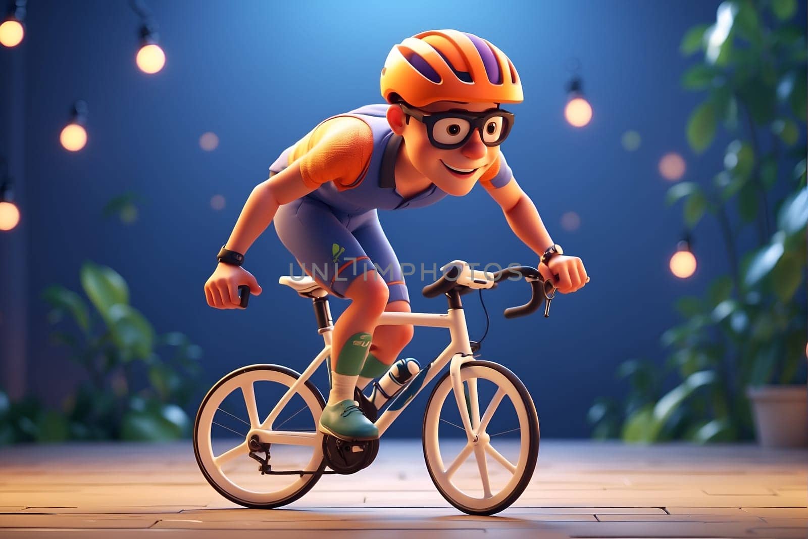 Cartoon Character Riding Bike on Wooden Floor. Generative AI. by artofphoto