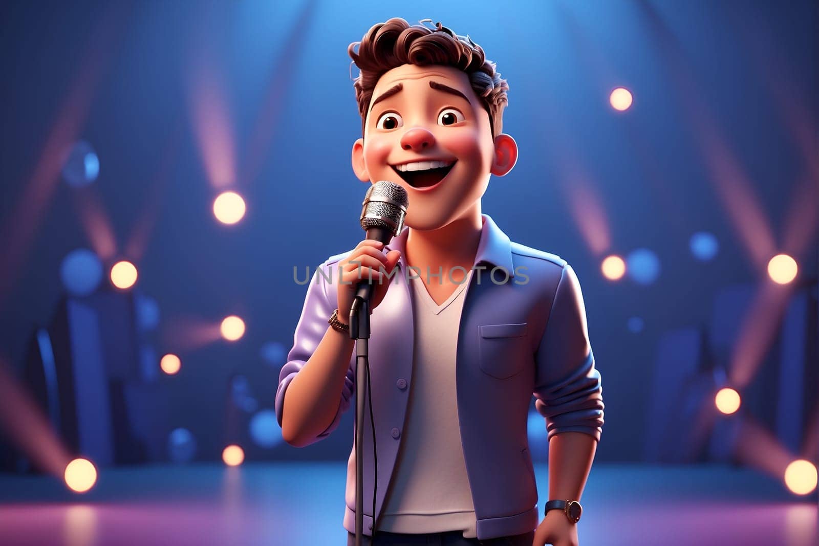 A cute cartoon character stands on a stage, confidently holding a microphone in hand.