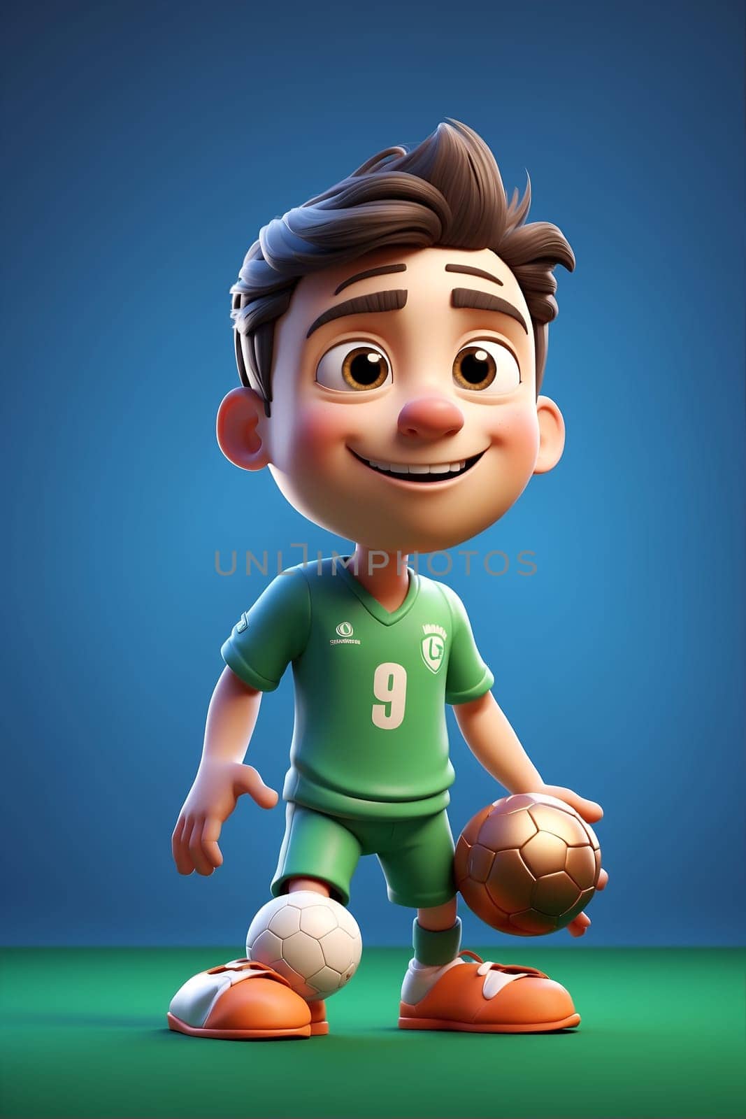 A lively cartoon character joyfully holds a soccer ball, showcasing a fun and playful sports illustration.