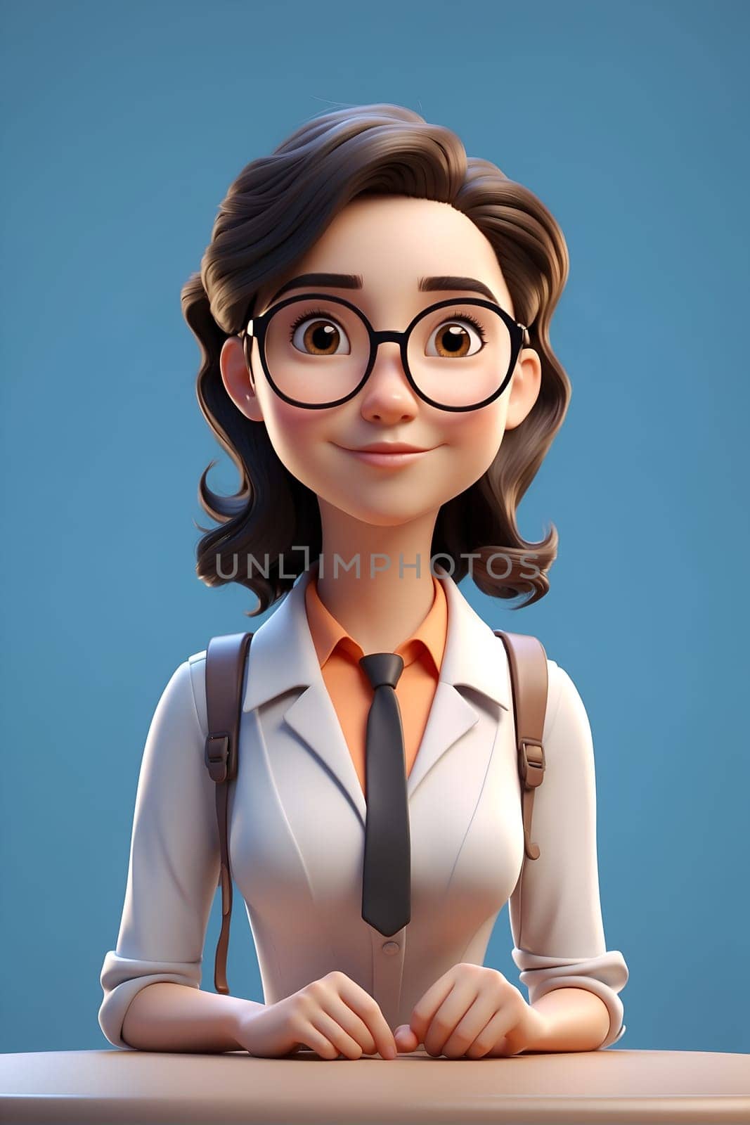 Woman With Glasses and Tie Sitting at Table in Professional Setting. Generative AI. by artofphoto