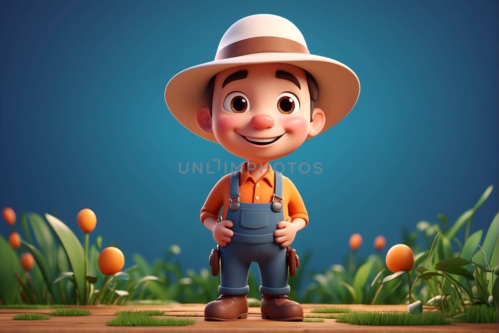 Cartoon Character Wearing Hat and Overalls, Wholesome Icon in Animated Attire. Generative AI. by artofphoto