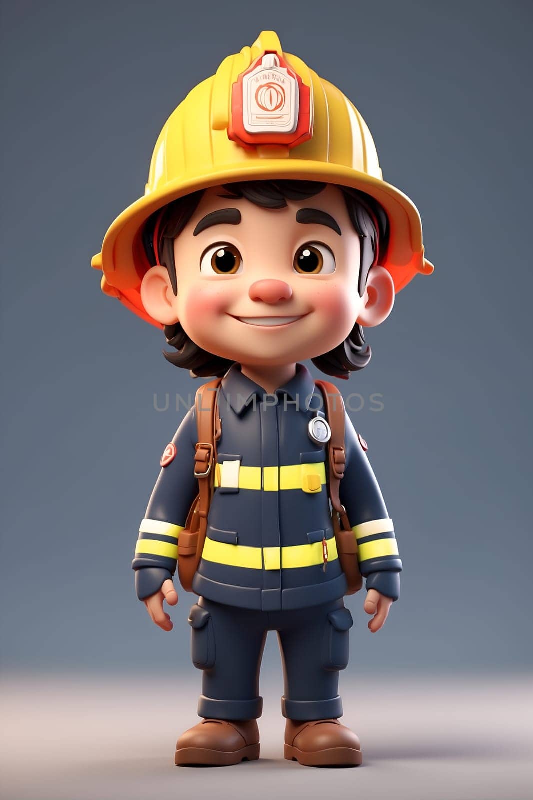 A cartoon character wearing a firemans helmet stands proudly, ready to fight fires and save the day.