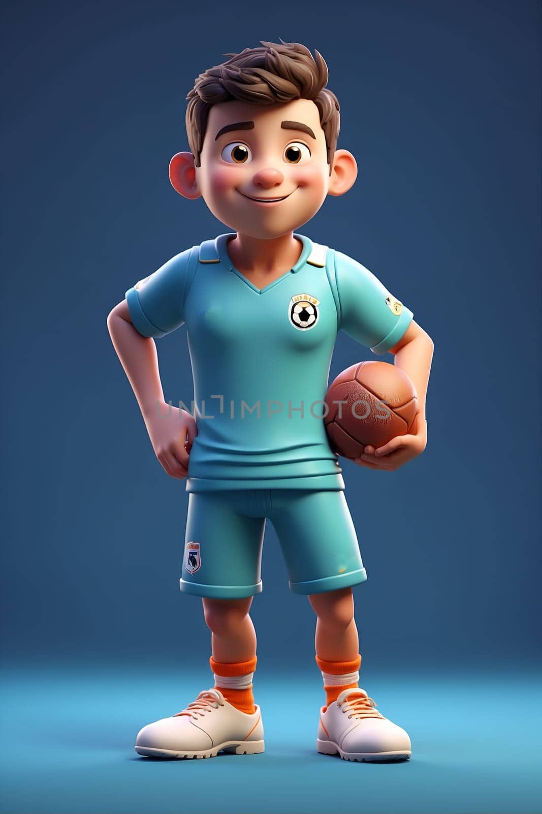 A cartoon boy is seen holding a basketball in his hand.