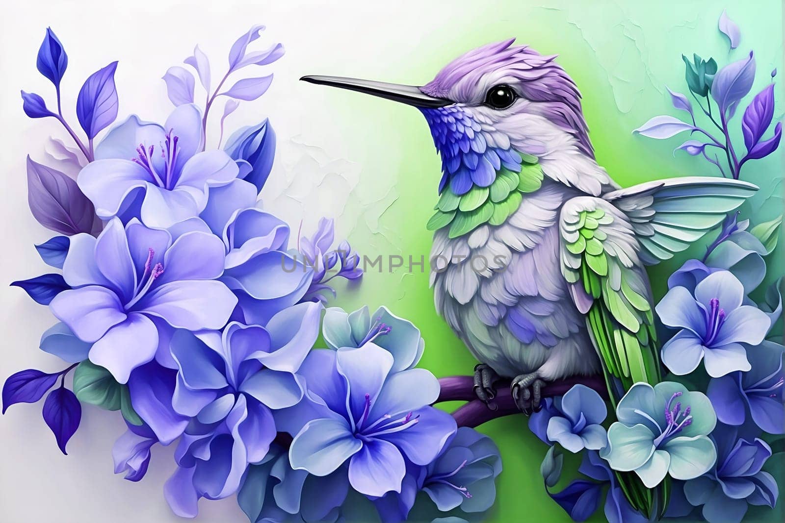 Painting of a Hummingbird Sitting on a Branch With Purple Flowers. Generative AI. by artofphoto