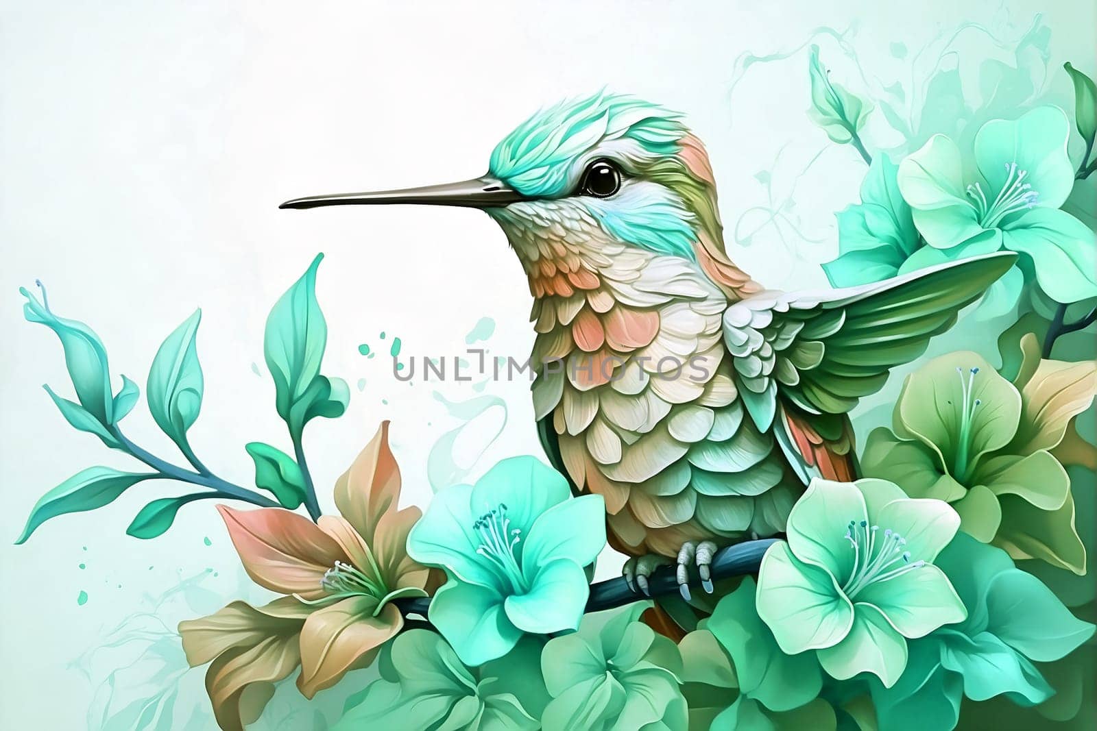 Hummingbird Painting, Beautiful Nature Artwork of a Bird Resting on Flower-Filled Branch. Generative AI. by artofphoto